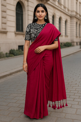 SMRITI HANDLOOM Solid/Plain Kalamkari Handloom Pure Cotton Saree(Pink, Black)