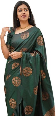 HASANCRATION Printed Banarasi Silk Blend Saree(Dark Green)