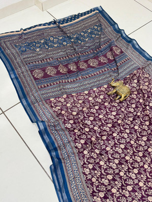Vihan Fab Printed Kalamkari Mulmul Saree(Purple)