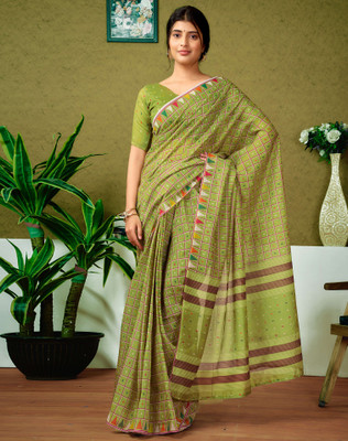 SIRIL Floral Print, Geometric Print, Printed Sambalpuri Chanderi, Cotton Blend Saree(Green)