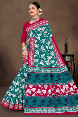 mahakali Printed Bandhani Pure Cotton Saree(Blue)