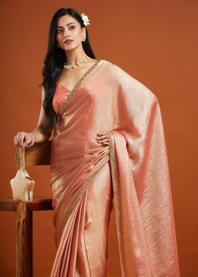 LOROFY Embellished Bollywood Tissue, Silk Blend Saree(Orange)