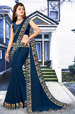 RichEraa Self Design Bollywood Lycra Blend, Chiffon Saree(Dark Blue, Gold)