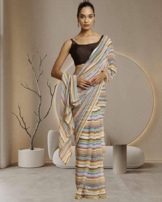 Jayu Digital Print, Embroidered, Printed, Striped Bollywood Georgette Saree(Brown)