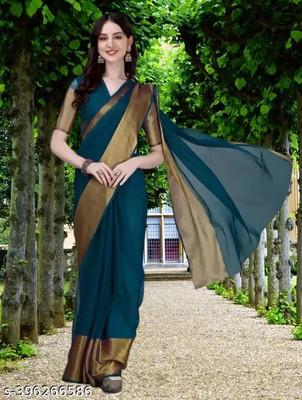 Online Bazaaar Solid/Plain Bollywood Chiffon Saree(Blue)