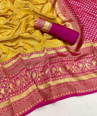 KRIYANSH Self Design, Woven, Applique, Printed, Temple Border, Striped Kanjivaram Jacquard, Art Silk Saree(Yellow)