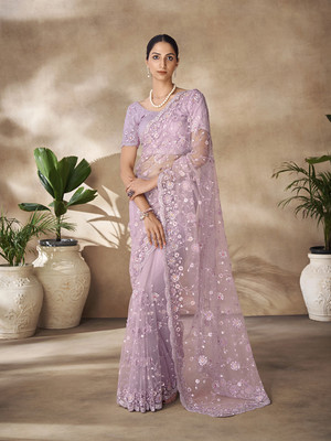 Fusionic Embroidered Leheria Net Saree(Purple)