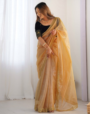 SIRIL Embroidered Bollywood Net Saree(Brown, Beige)