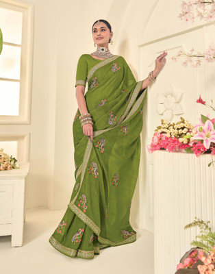 Laxmipati sarees Embroidered Saree with Attached Blouse Chiffon Saree(Green)