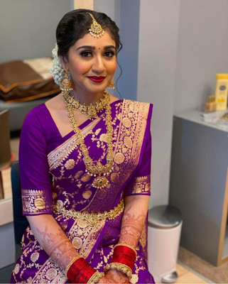 SDFSD Floral Print Banarasi Cotton Silk Saree(Purple)