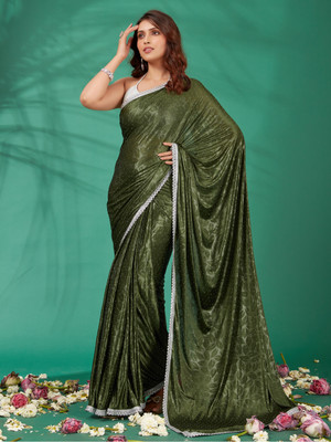 DIVYASHAKTI FASHION Embellished Bollywood Lycra Blend Saree(Dark Green)