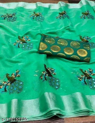 MITRACREATION Self Design Chanderi Cotton Silk Saree(Dark Green)