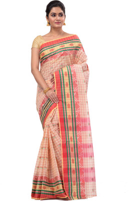 PuJoy Striped Bollywood Pure Cotton Saree(Beige)