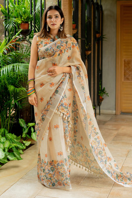 MIRCHI FASHION Printed, Floral Print Mekhela Chador Cotton Blend Saree(Cream, Multicolor)
