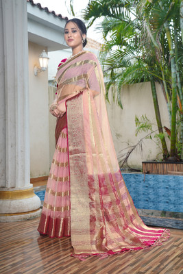 Aarunika BS Solid/Plain Bollywood Organza Saree(Pink)