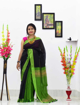 GOLU Solid/Plain Handloom Cotton Silk Saree(Green, Black)