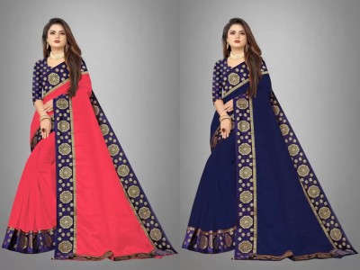 ONTIC LIFESTYLE Self Design Assam Silk Art Silk Saree(Pack of 2, Red, Blue)