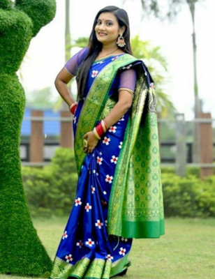 Ansari Fabrics Printed Sambalpuri Satin Saree(Blue, Green)