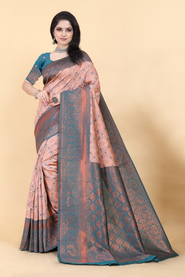 BilloRani Woven Banarasi Silk Blend, Raw Silk Saree(Multicolor)