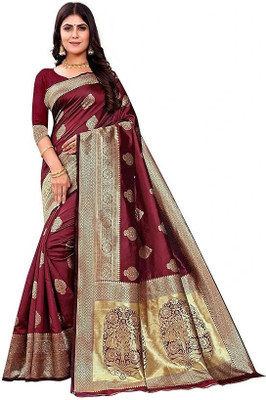 SHRIMAY Woven Kanjivaram Silk Blend Saree(Maroon)