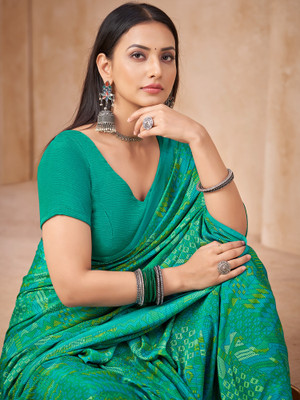 Sareemall Printed Hand Batik Crepe Saree(Light Blue)