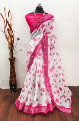 ASHTA Floral Print Kanjivaram Linen Saree(Pink)