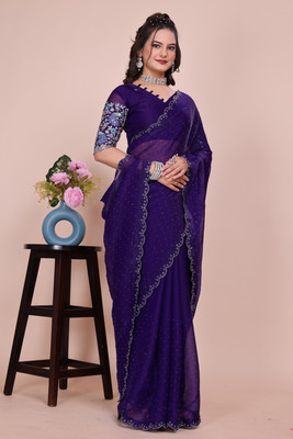 V AMAN FASHION Solid/Plain, Self Design, Embroidered Bollywood Chiffon, Jimmy choo Saree(Purple)