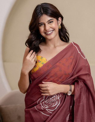 Satrani Printed Bollywood Chanderi, Cotton Blend Saree(Brown)
