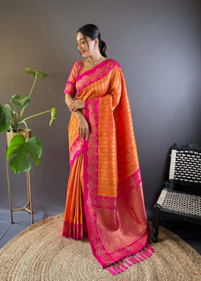 all about you Woven Bollywood Silk Blend Saree(Orange)