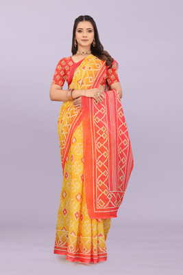 Rivaana Printed Bollywood Cotton Linen, Cotton Silk Saree(Orange)