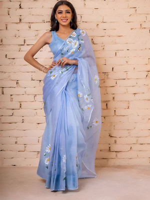 ANOUK Printed Chanderi Georgette Saree(Blue)