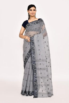maa textile Self Design Tant Pure Cotton Saree(Grey)