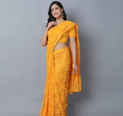 Nexafashion Floral Print Bollywood Net Saree(Yellow)