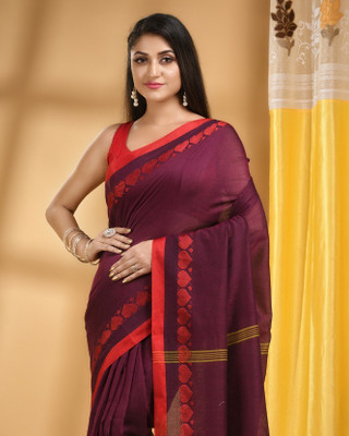 Desh Bidesh Woven, Solid/Plain, Self Design, Striped Handloom Handloom Cotton Blend, Pure Cotton Saree(Maroon)