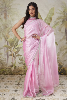 Rachna Solid/Plain Bollywood Tissue Saree(Pink)