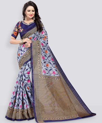YASHIKA Printed Mysore Art Silk Saree(Grey, Dark Blue)