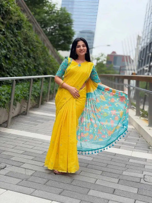 Fixal Fashion Printed, Floral Print Daily Wear Cotton Silk Saree(Yellow)