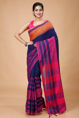 SSK Striped Bollywood Cotton Blend Saree(White)