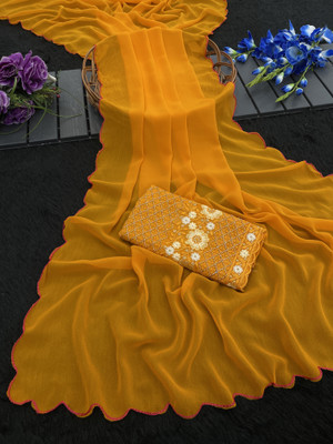 saanvi Self Design, Solid/Plain Bollywood Georgette Saree(Mustard)