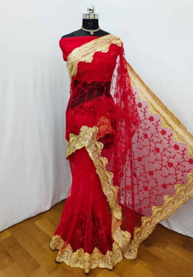 MIYANIFAB Embroidered, Floral Print Bollywood Net Saree(Red)