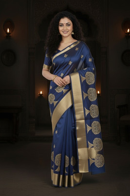 ShivMaya Embroidered Handloom Silk Blend Saree(Dark Blue)