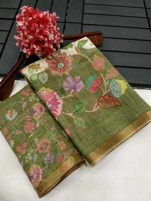 HangerStories Printed Kanjivaram Pure Cotton, Cotton Linen Saree(Green)
