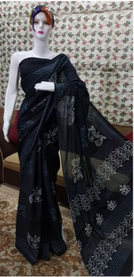 RAMNATHS Printed Ikkat Pure Cotton Saree(Black, White)