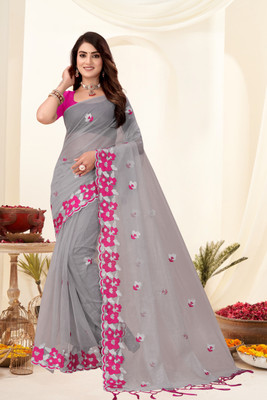 Mokshicreation Embroidered Bollywood Net Saree(Grey)