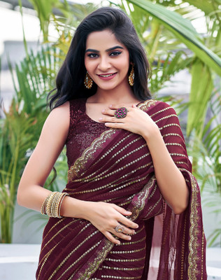 SIRIL Embroidered, Embellished Bollywood Georgette, Chiffon Saree(Brown)