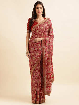 Divastri Printed Bandhani Silk Blend Saree(Maroon)