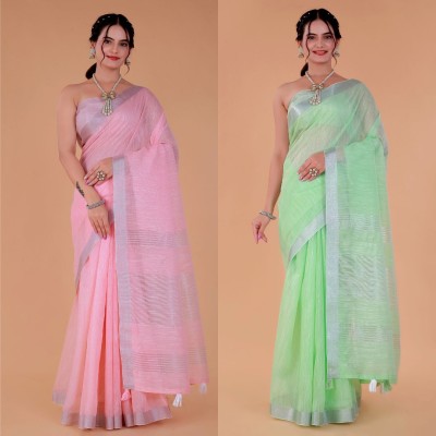 NEGRONI Ombre Bollywood Linen Saree(Pack of 2, Pink, Light Green)