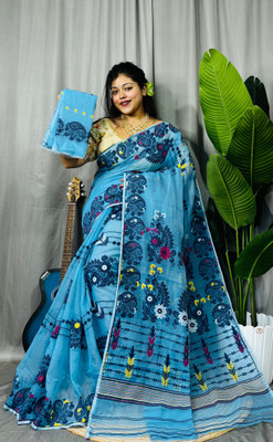 Pasum's Self Design, Hand Painted Jamdani Cotton Silk, Pure Cotton Saree(Light Blue)