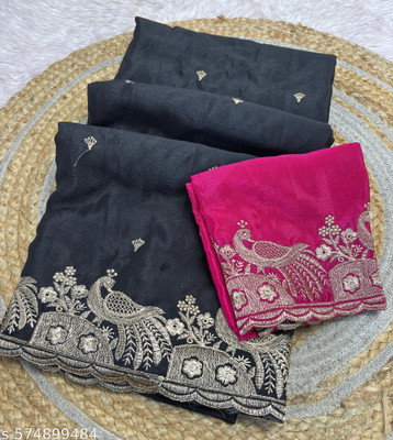 CLICKTHEMALL Embellished Bollywood Chiffon Saree(Dark Green)