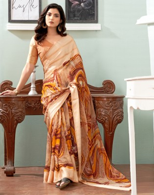 Divastri Floral Print Daily Wear Georgette Saree(Cream, Maroon, Yellow)